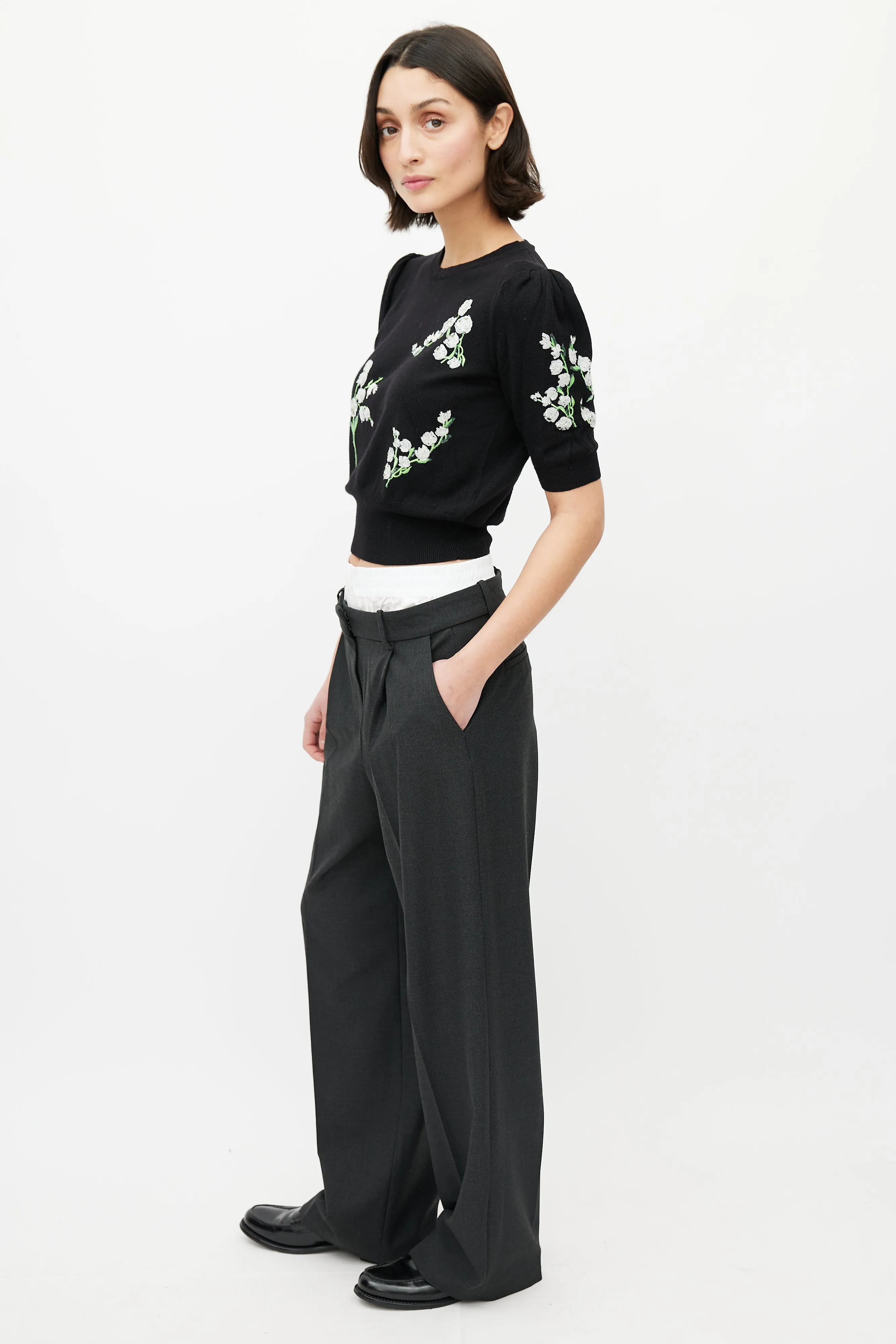 Black & Multicolour Wool Floral Sequin Top
