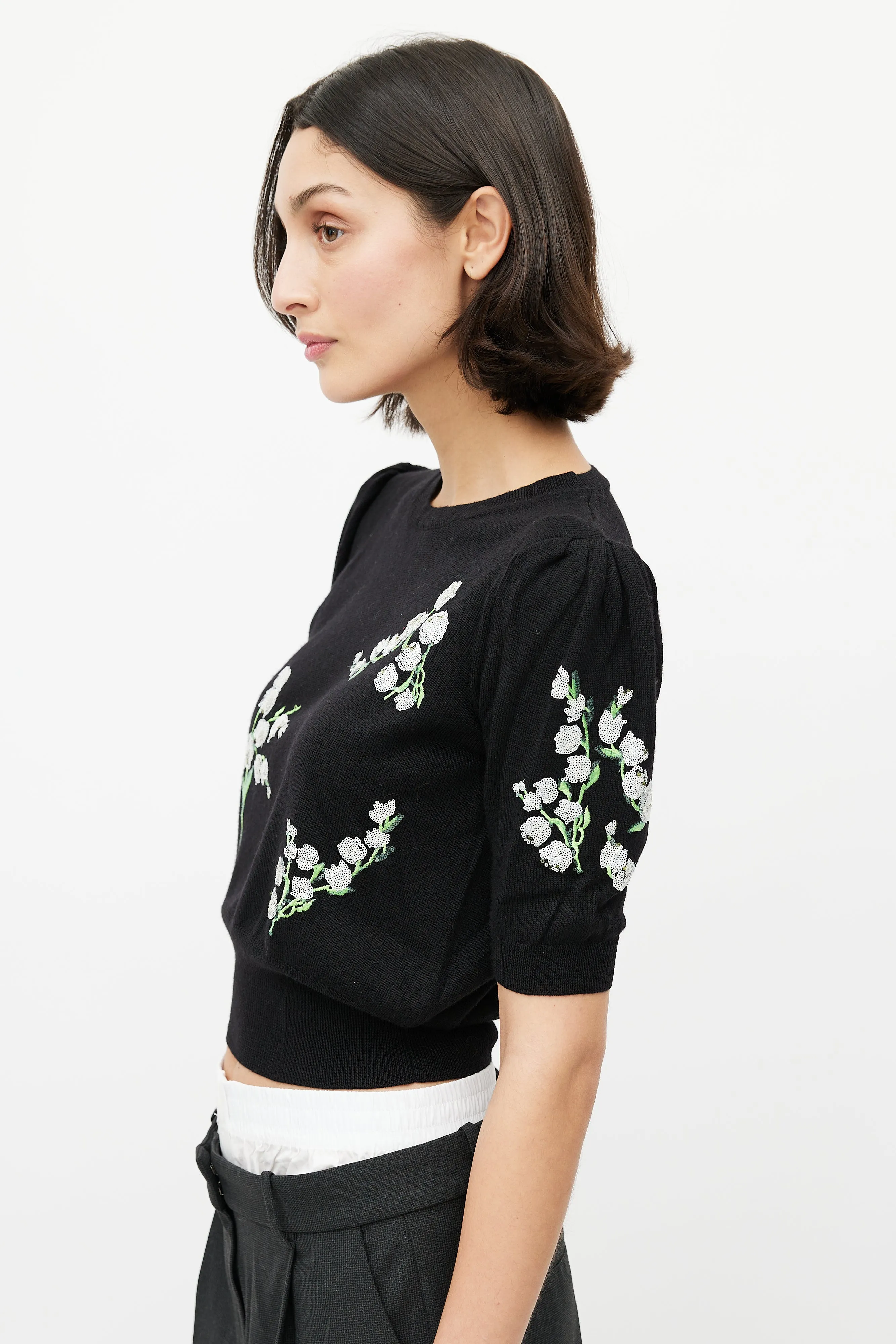 Black & Multicolour Wool Floral Sequin Top