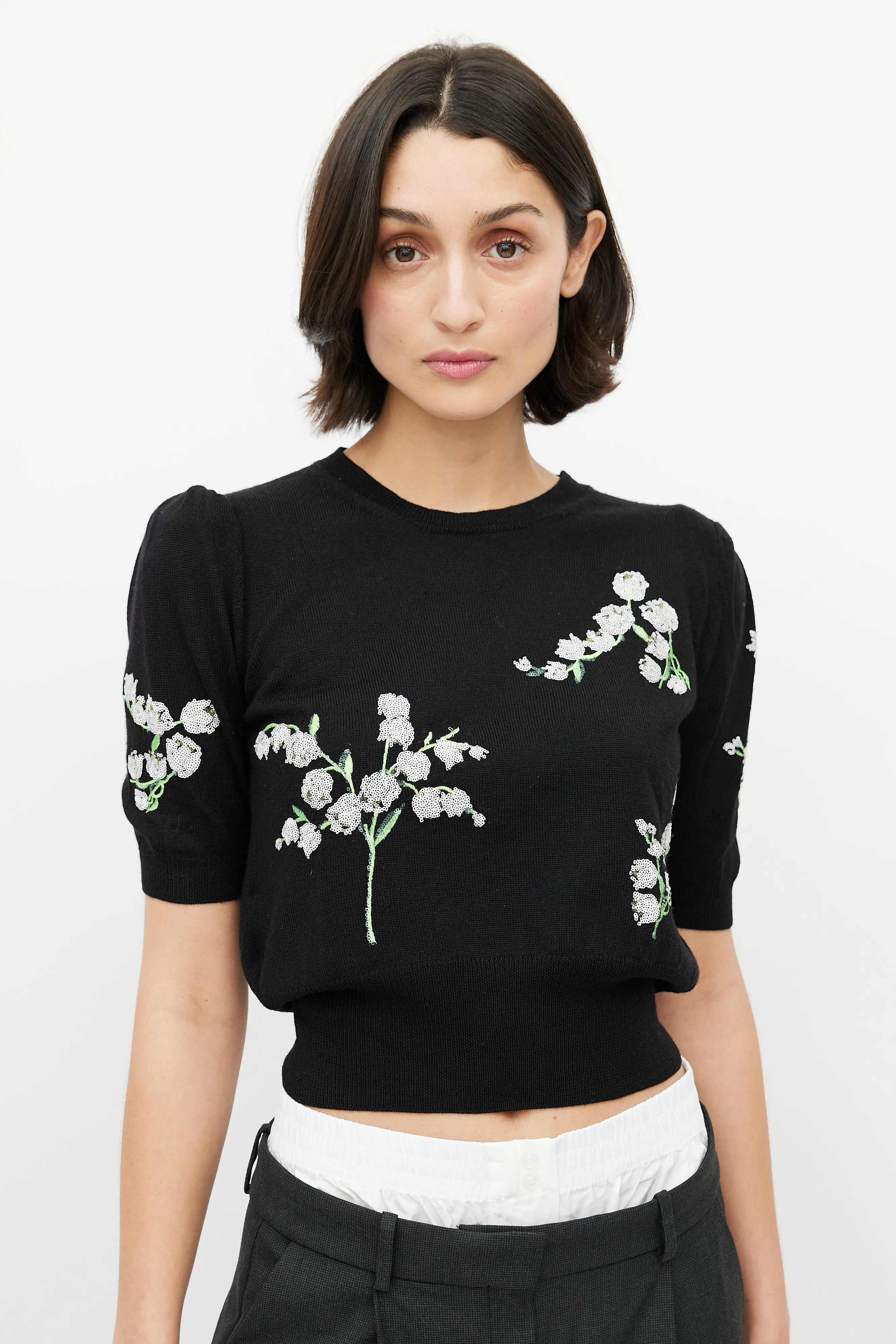 Black & Multicolour Wool Floral Sequin Top
