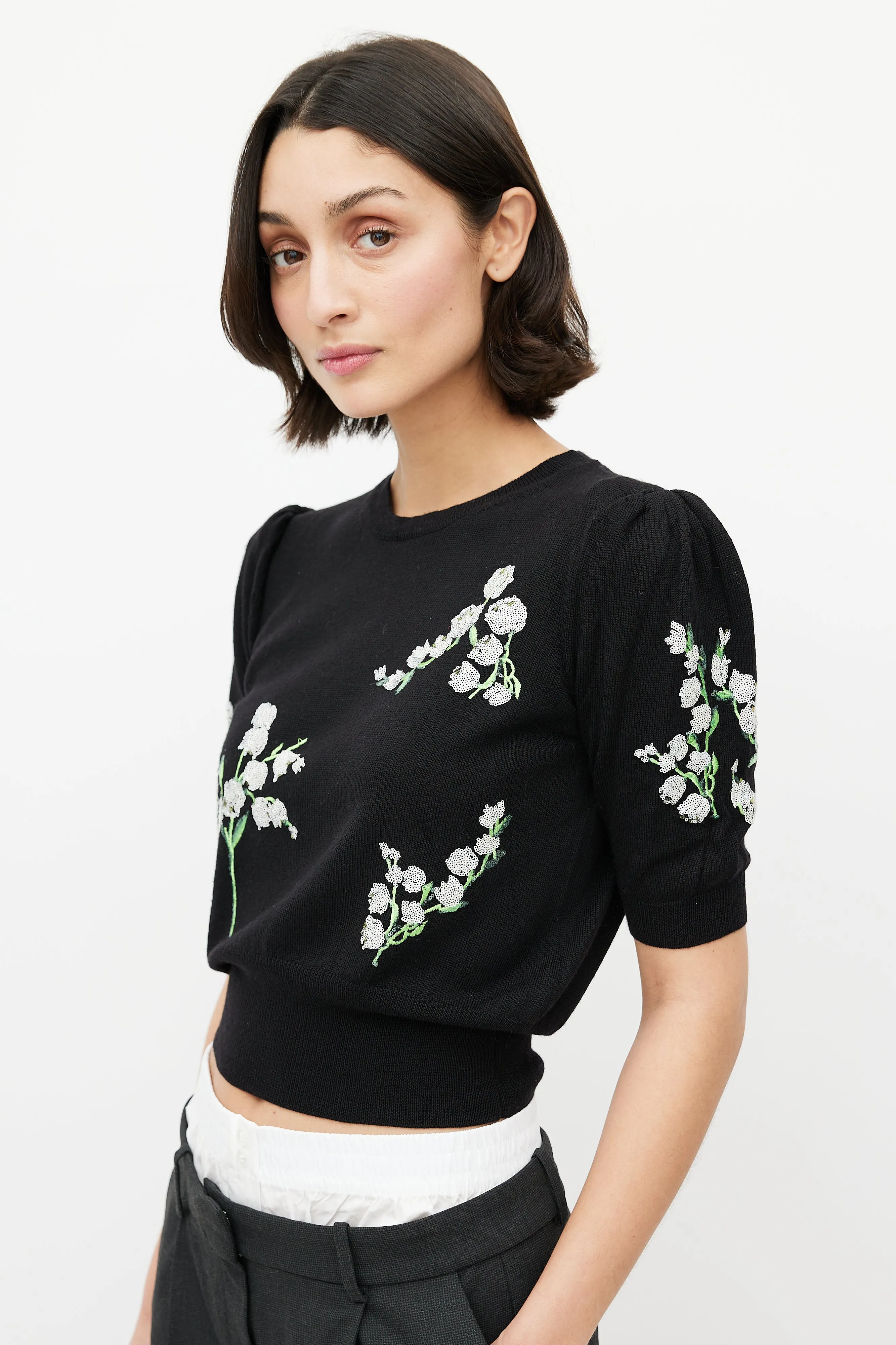 Black & Multicolour Wool Floral Sequin Top