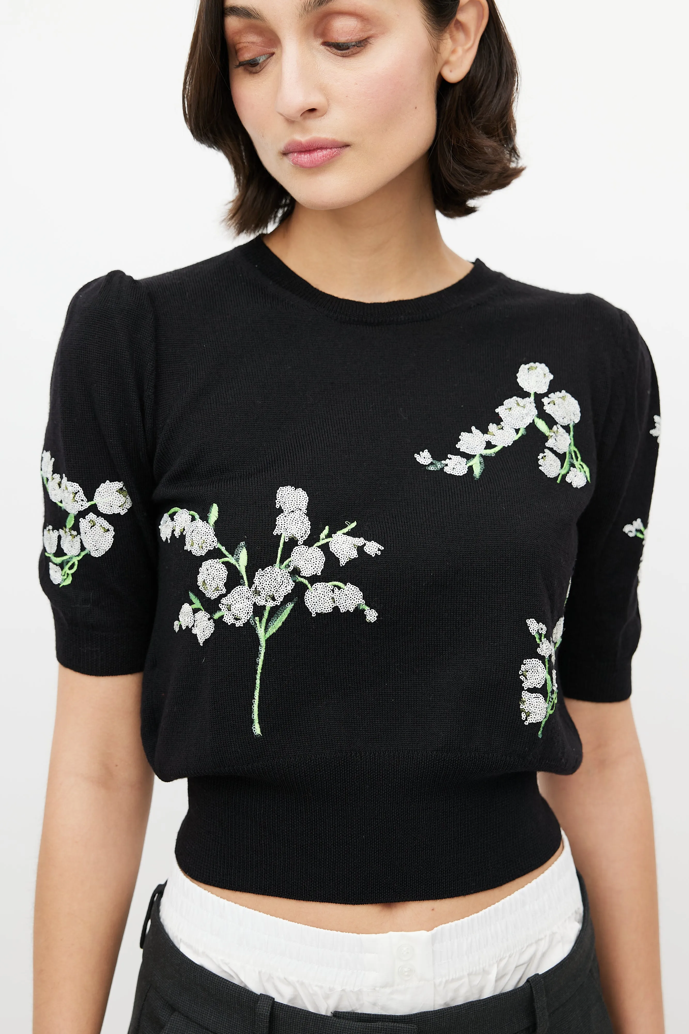 Black & Multicolour Wool Floral Sequin Top