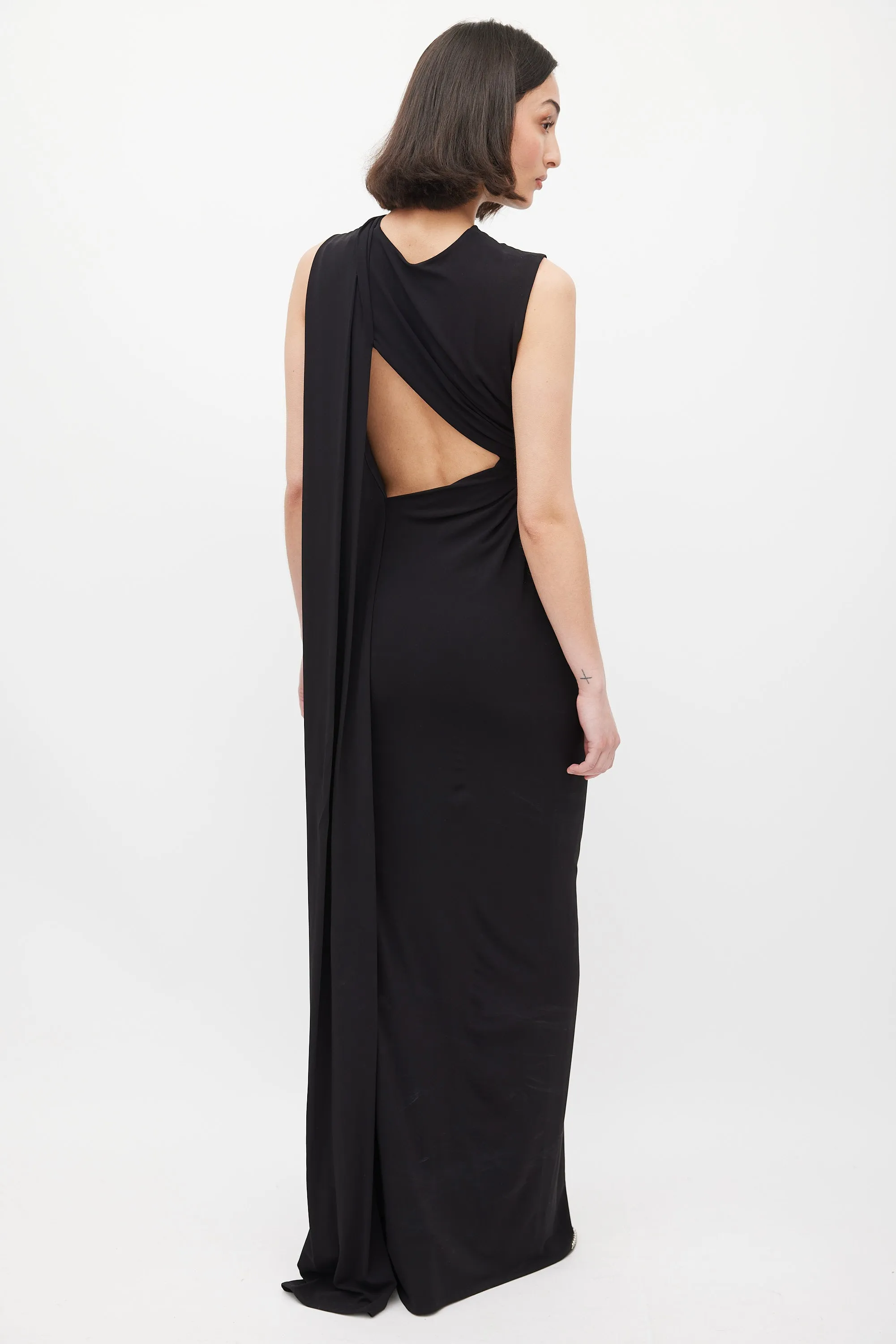 Black Asymmetrical Draped Cutout Back Dress