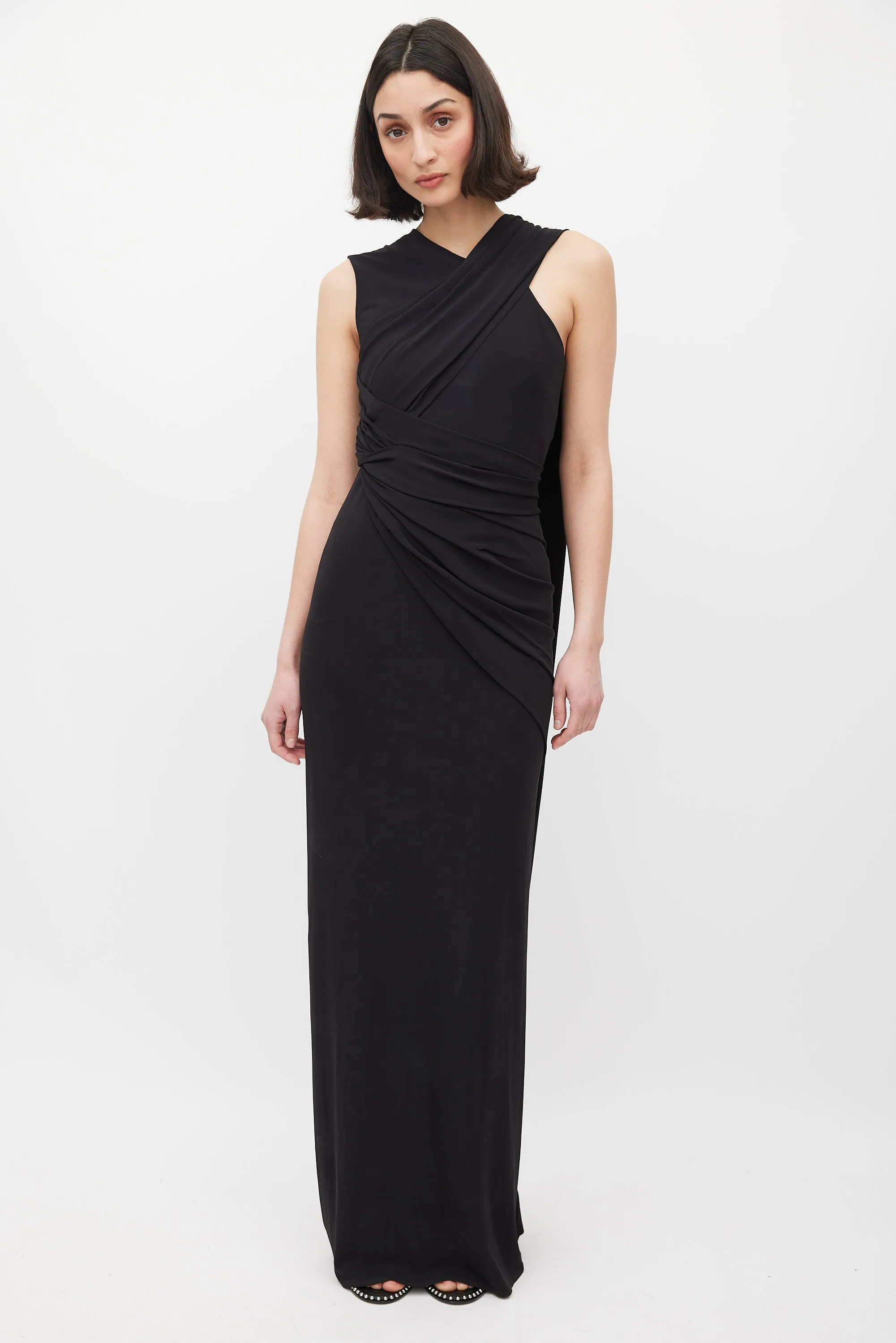 Black Asymmetrical Draped Cutout Back Dress