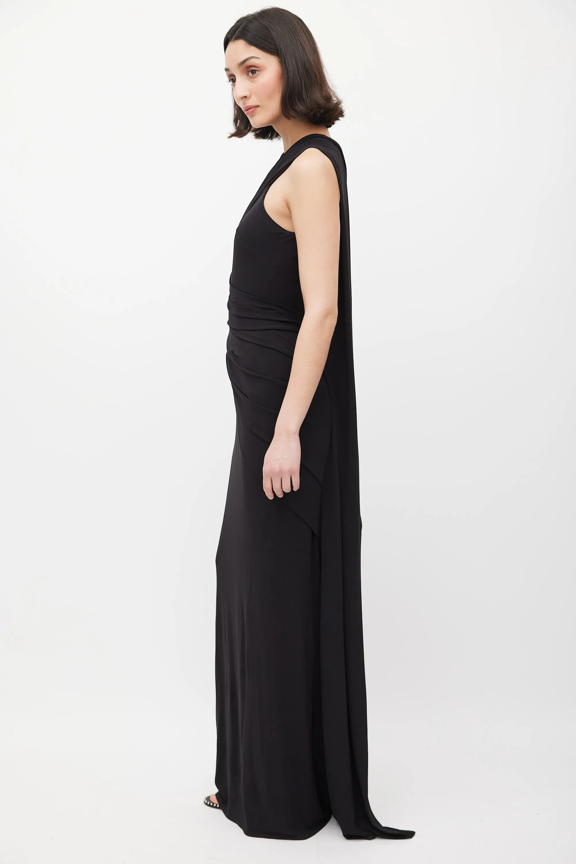 Black Asymmetrical Draped Cutout Back Dress
