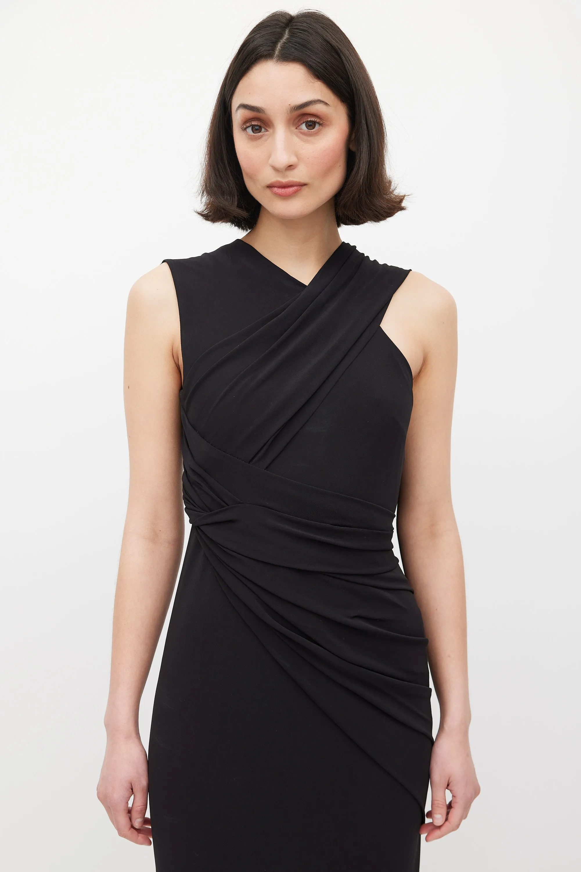 Black Asymmetrical Draped Cutout Back Dress