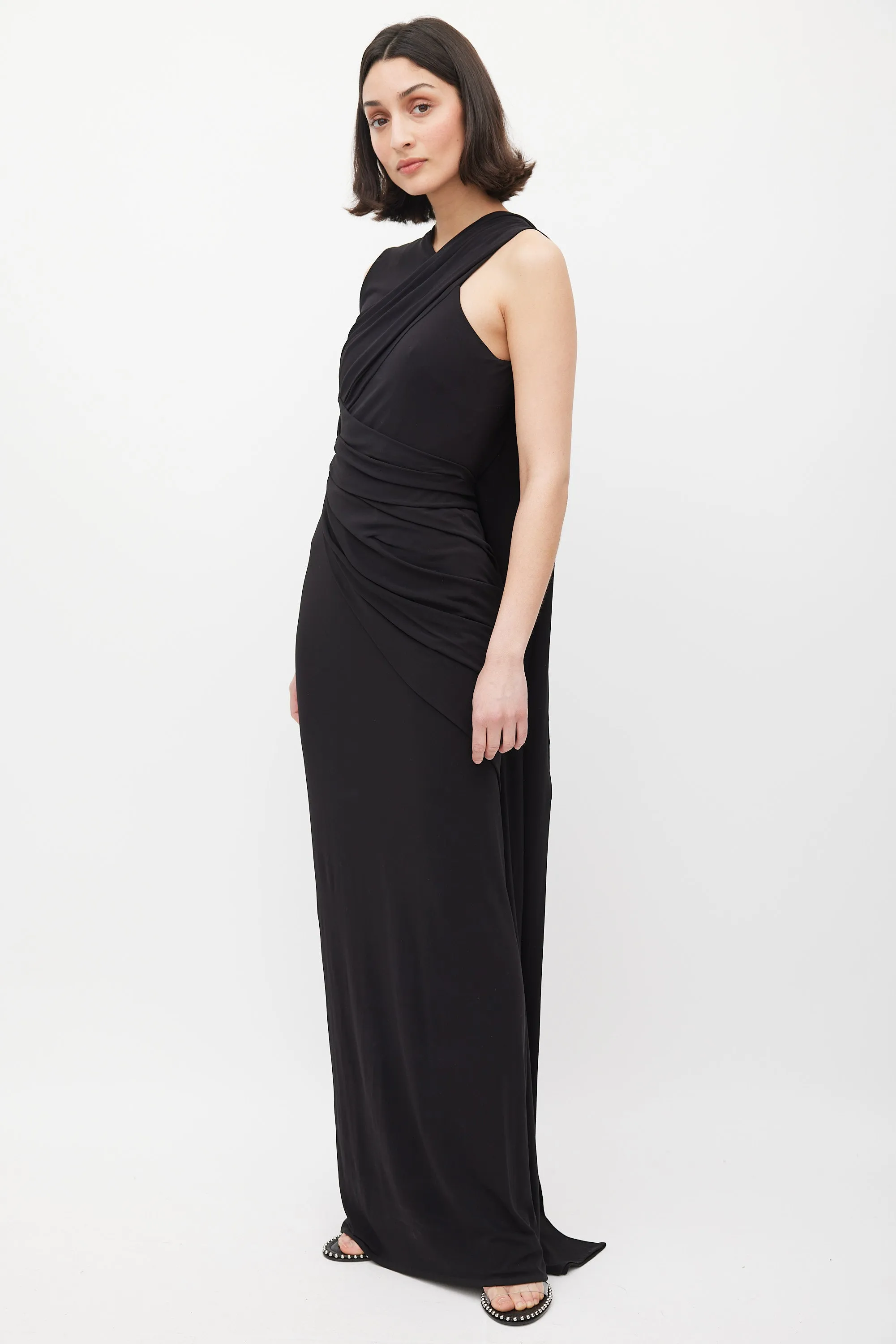 Black Asymmetrical Draped Cutout Back Dress