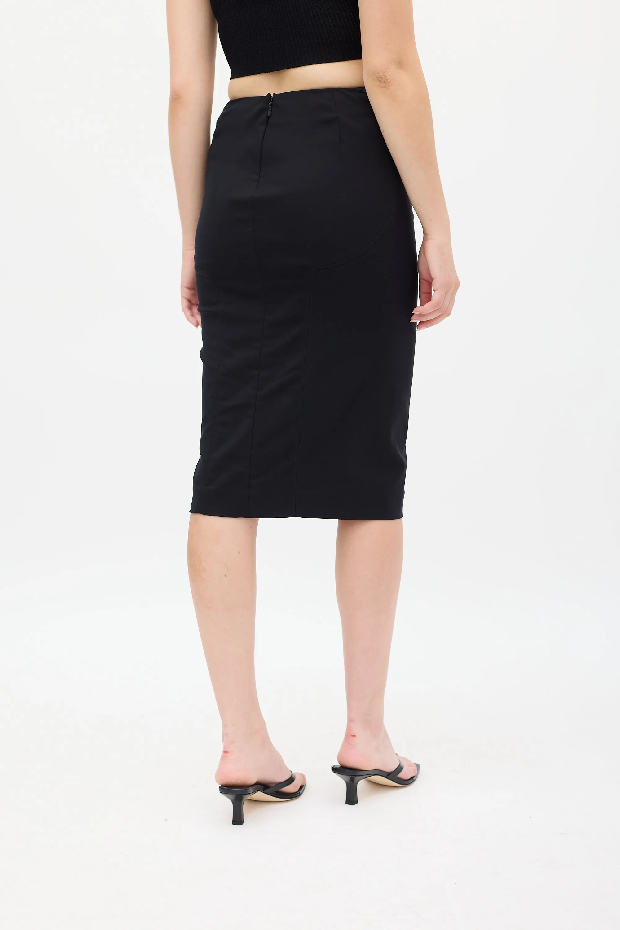 Black Ruched Waist Midi Skirt