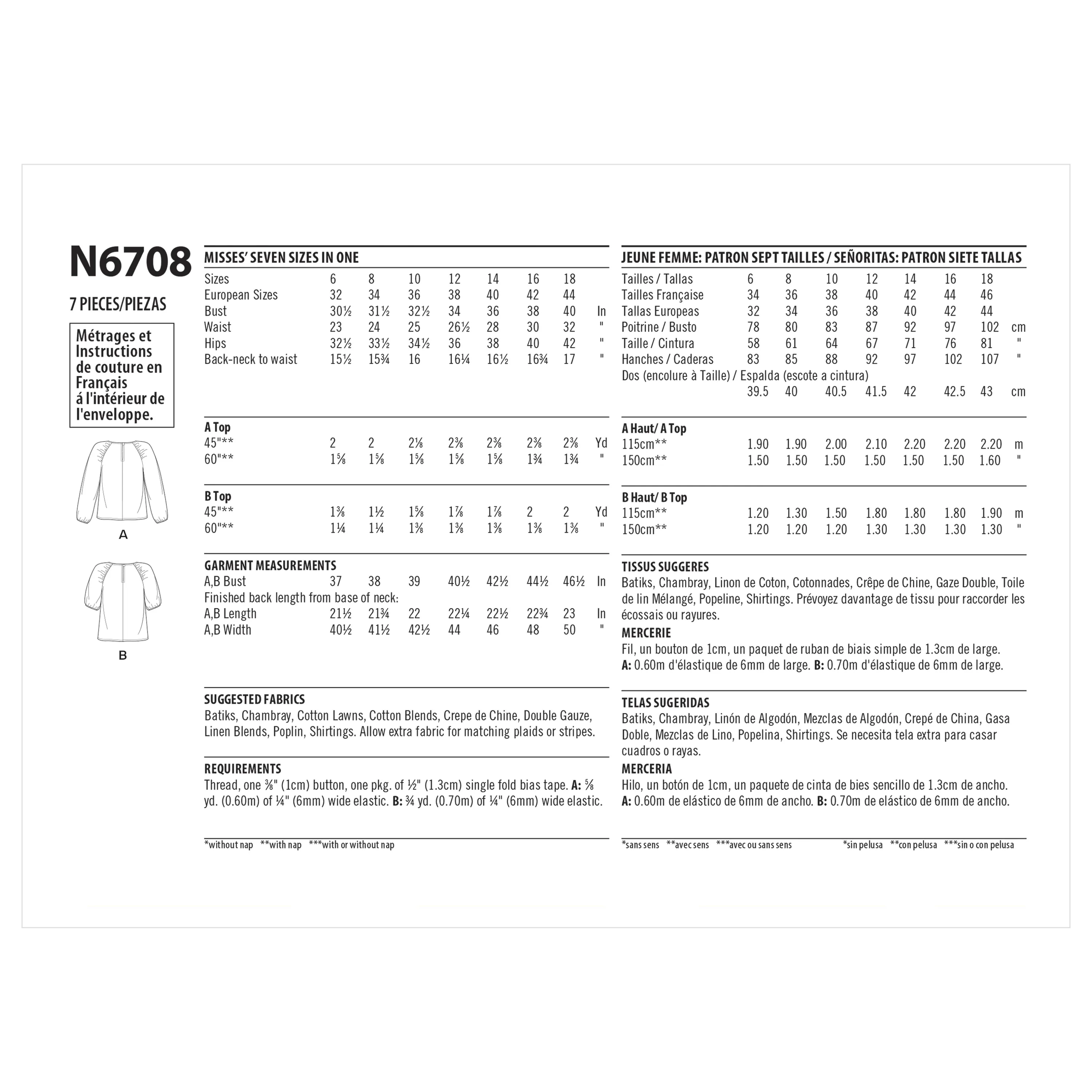 New Look Sewing Pattern 6708 Misses' Tops