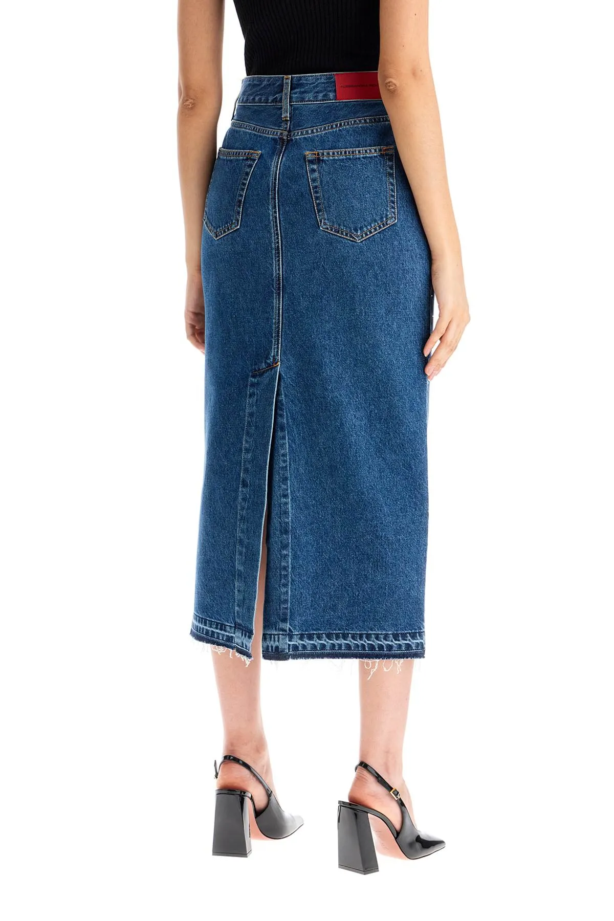 "denim midi skirt with rhin