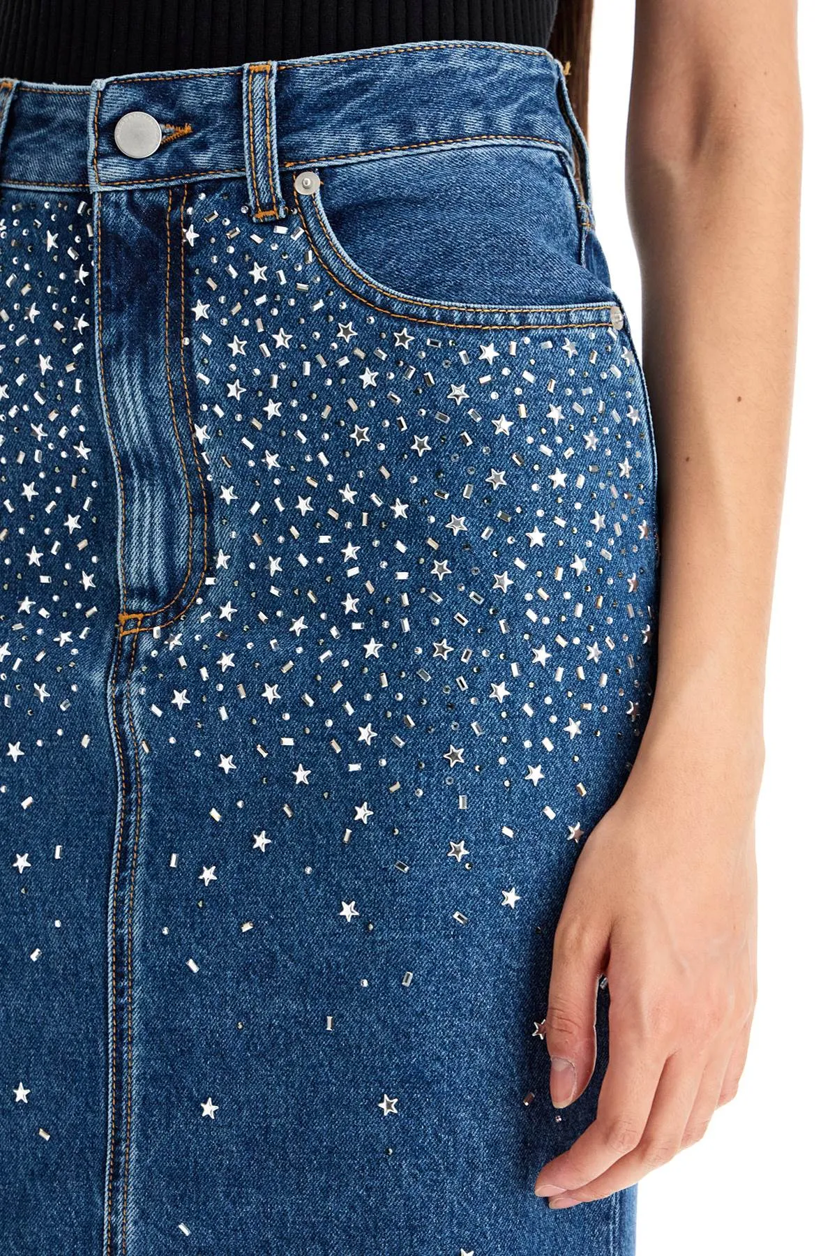 "denim midi skirt with rhin