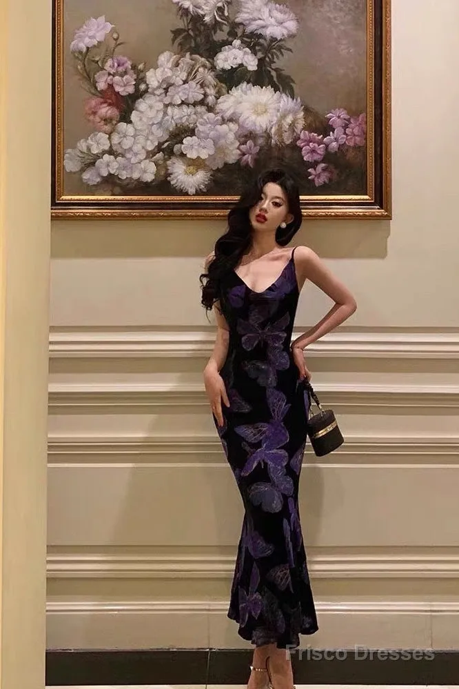 Sexy Sheath Spaghetti Straps Floral Grape Butterfly Fold Long Prom Dresses Birthday Outfits