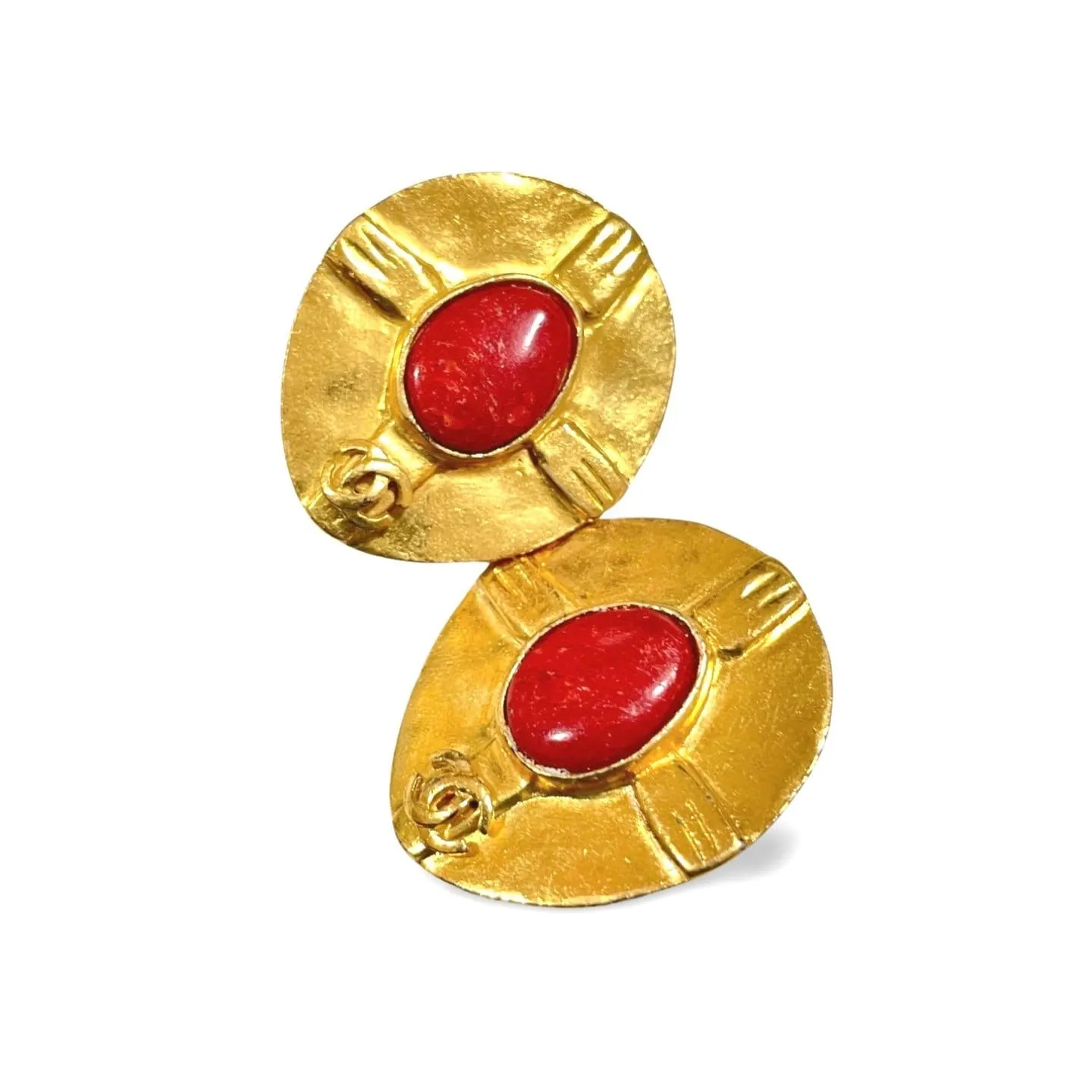 Vintage CHANEL oval golden earrings with red stone and CC mark. Large statement jewelry. Masterpiece jewelry. 060229ya