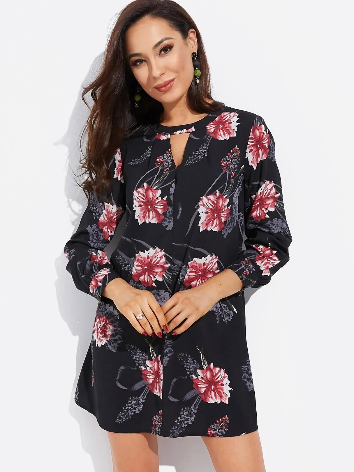 Wholesale Black Crew Neck Long Sleeve Floral Print Cut Out Dresses
