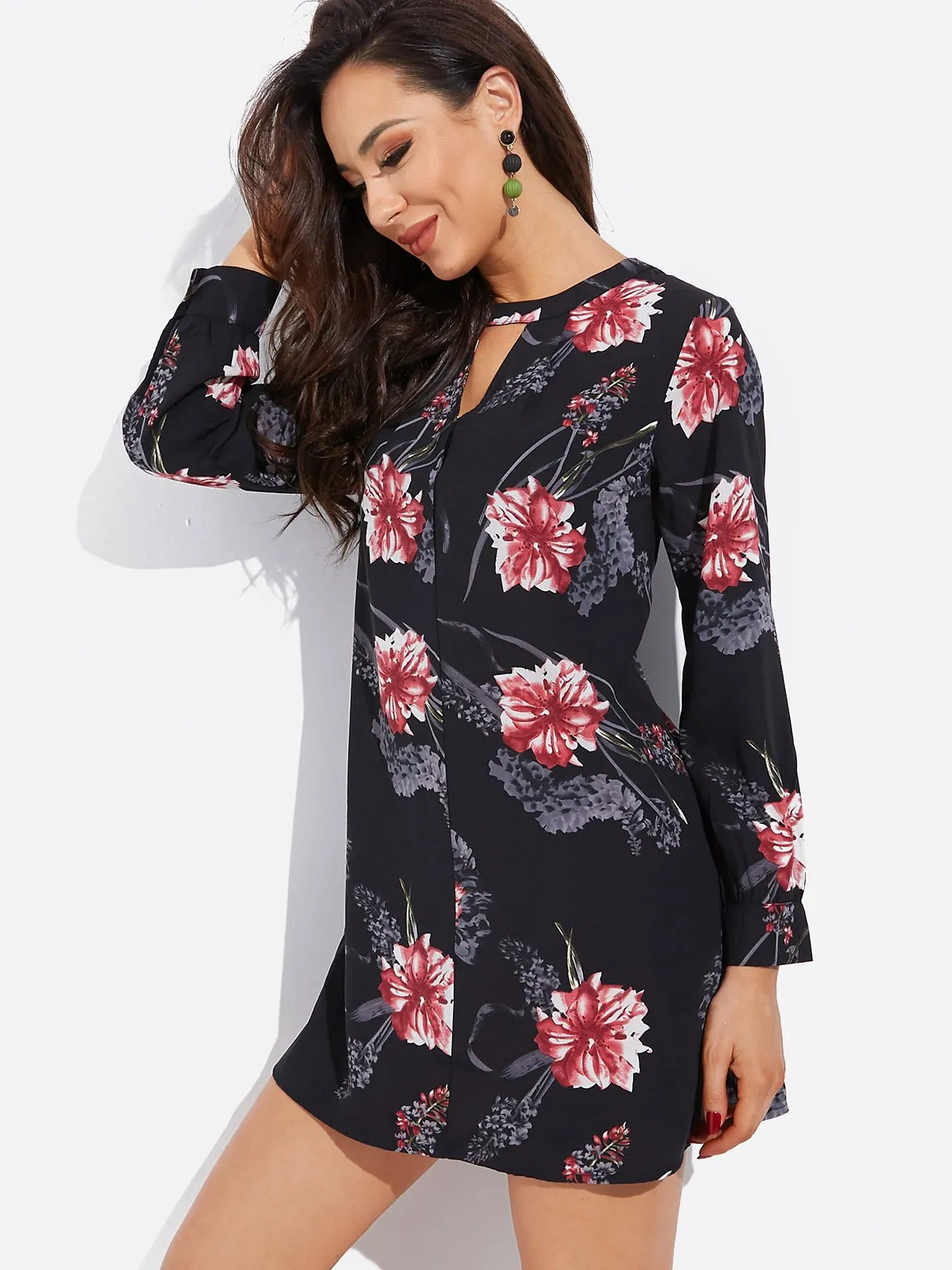 Wholesale Black Crew Neck Long Sleeve Floral Print Cut Out Dresses