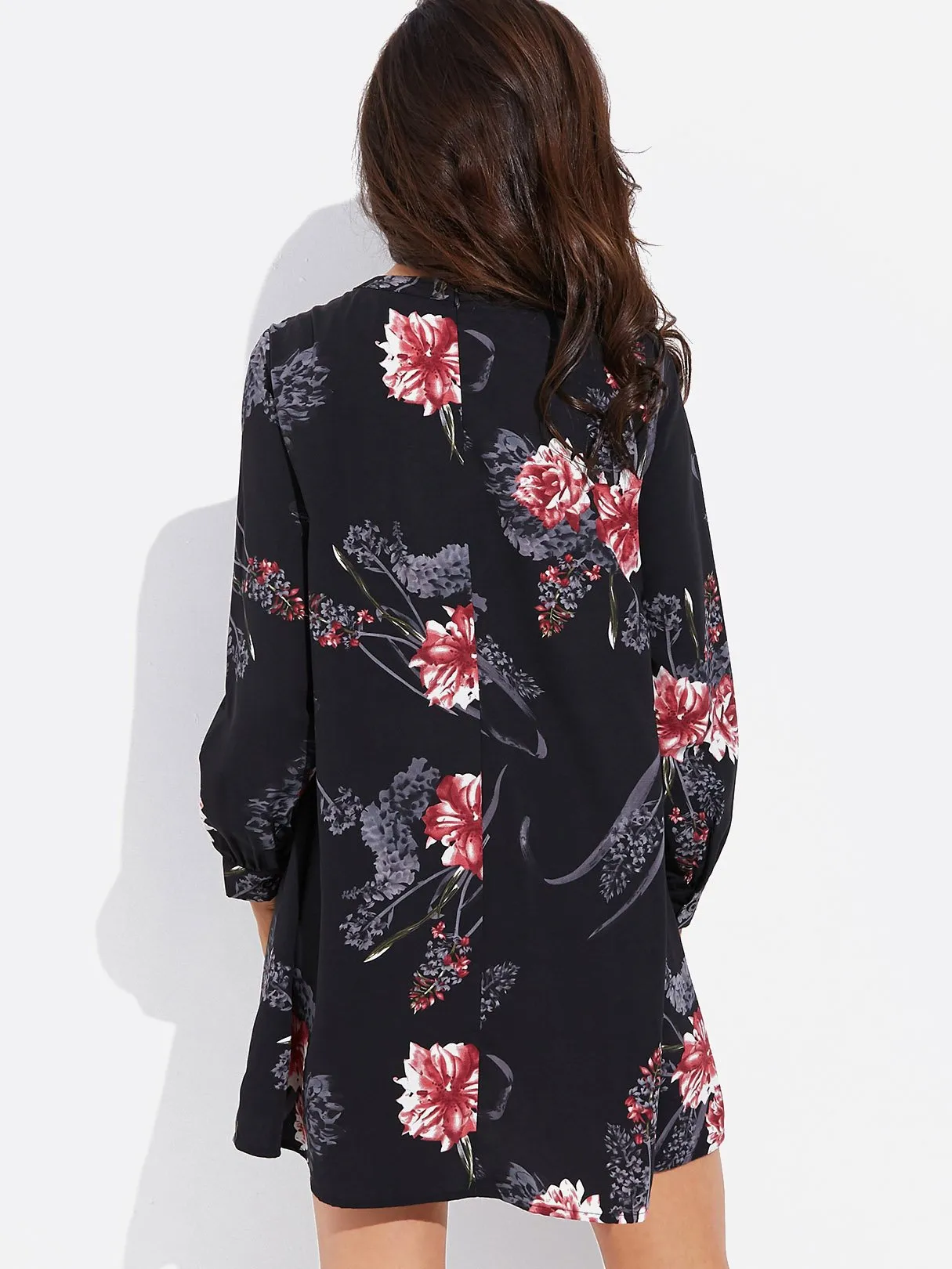 Wholesale Black Crew Neck Long Sleeve Floral Print Cut Out Dresses