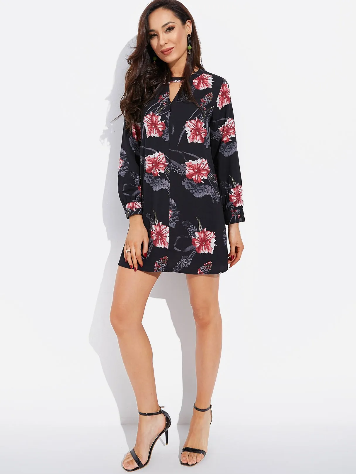 Wholesale Black Crew Neck Long Sleeve Floral Print Cut Out Dresses
