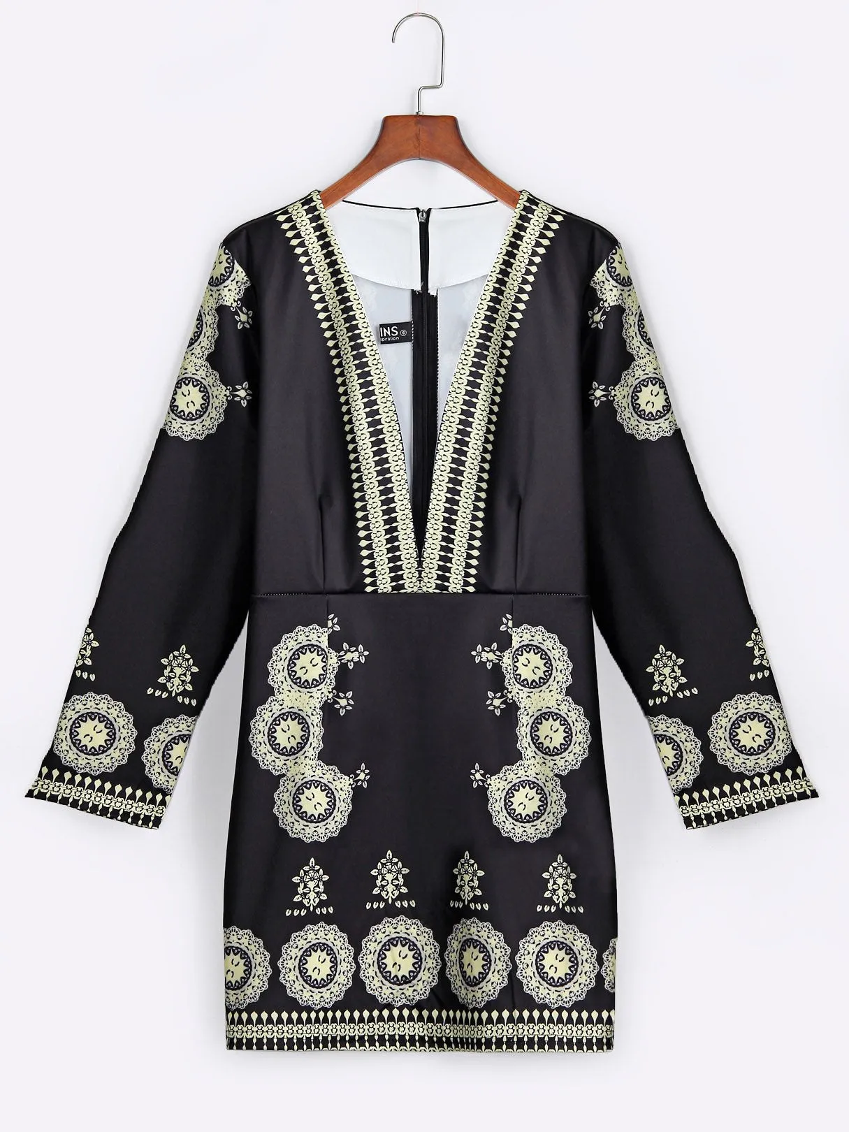 Wholesale Black V-Neck 3/4 Sleeve Length Floral Print Dresses