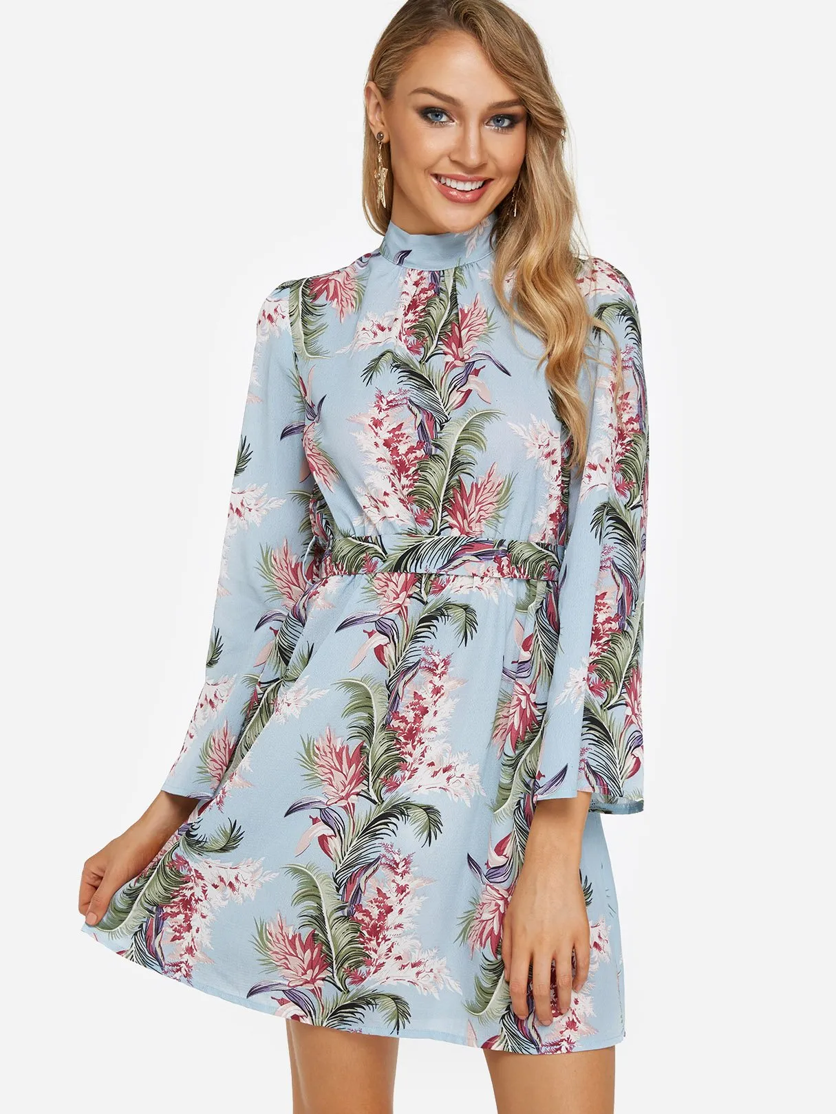 Wholesale Blue Long Sleeve Floral Print Backless Dresses