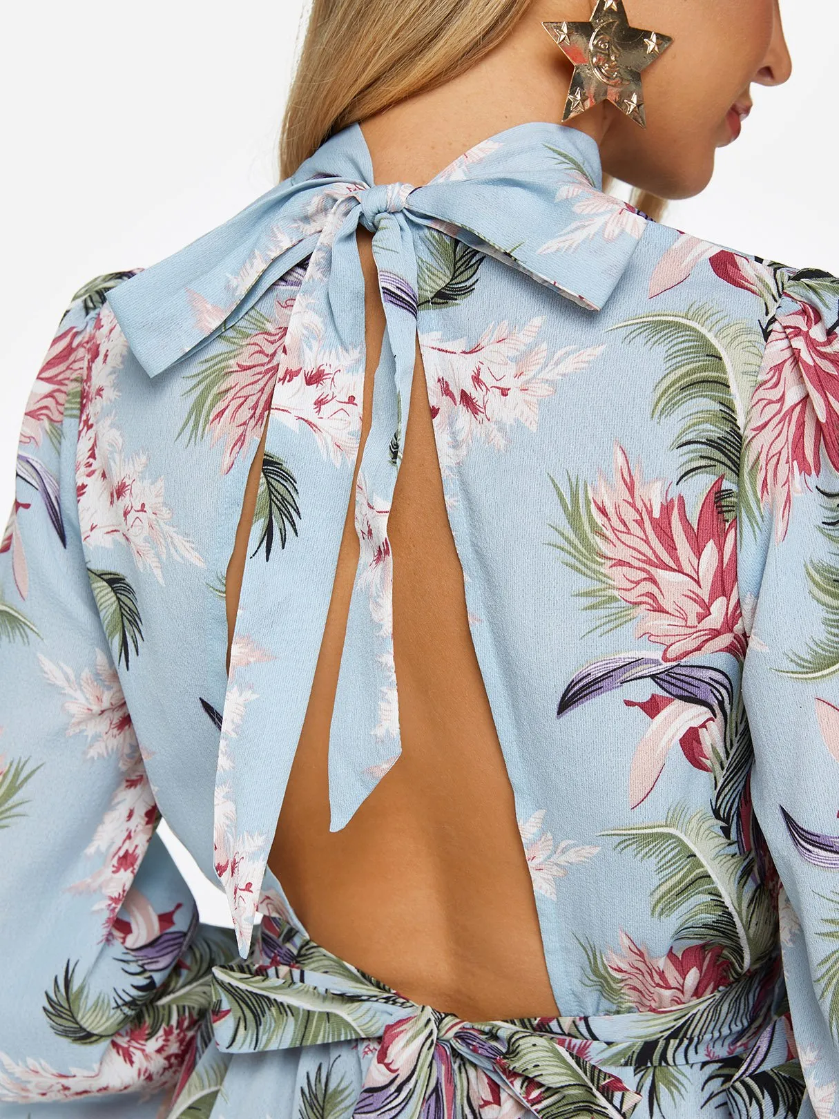 Wholesale Blue Long Sleeve Floral Print Backless Dresses