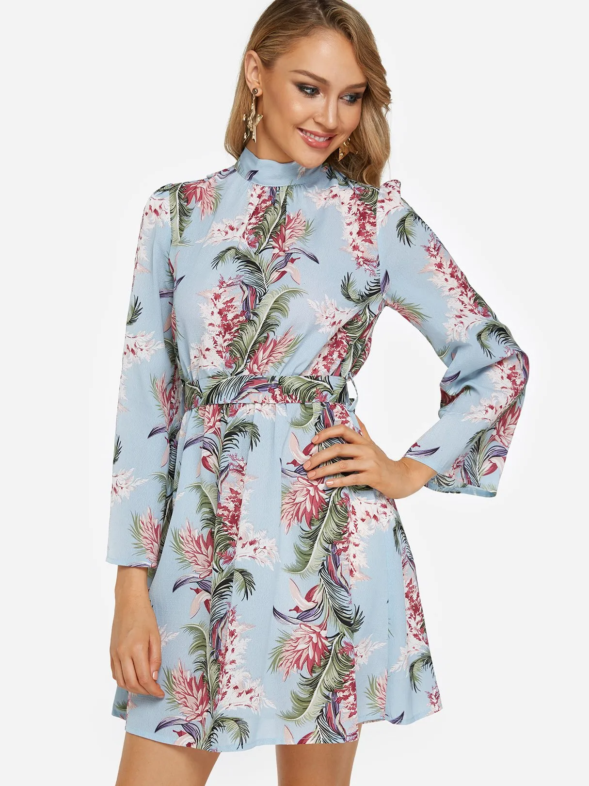Wholesale Blue Long Sleeve Floral Print Backless Dresses