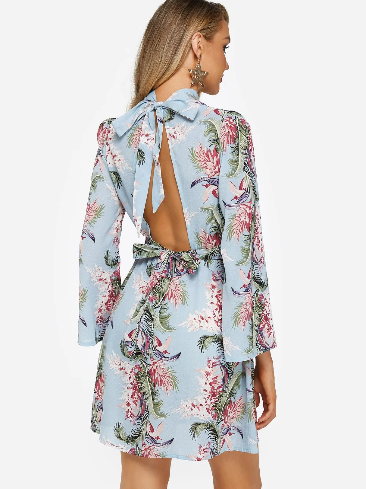 Wholesale Blue Long Sleeve Floral Print Backless Dresses