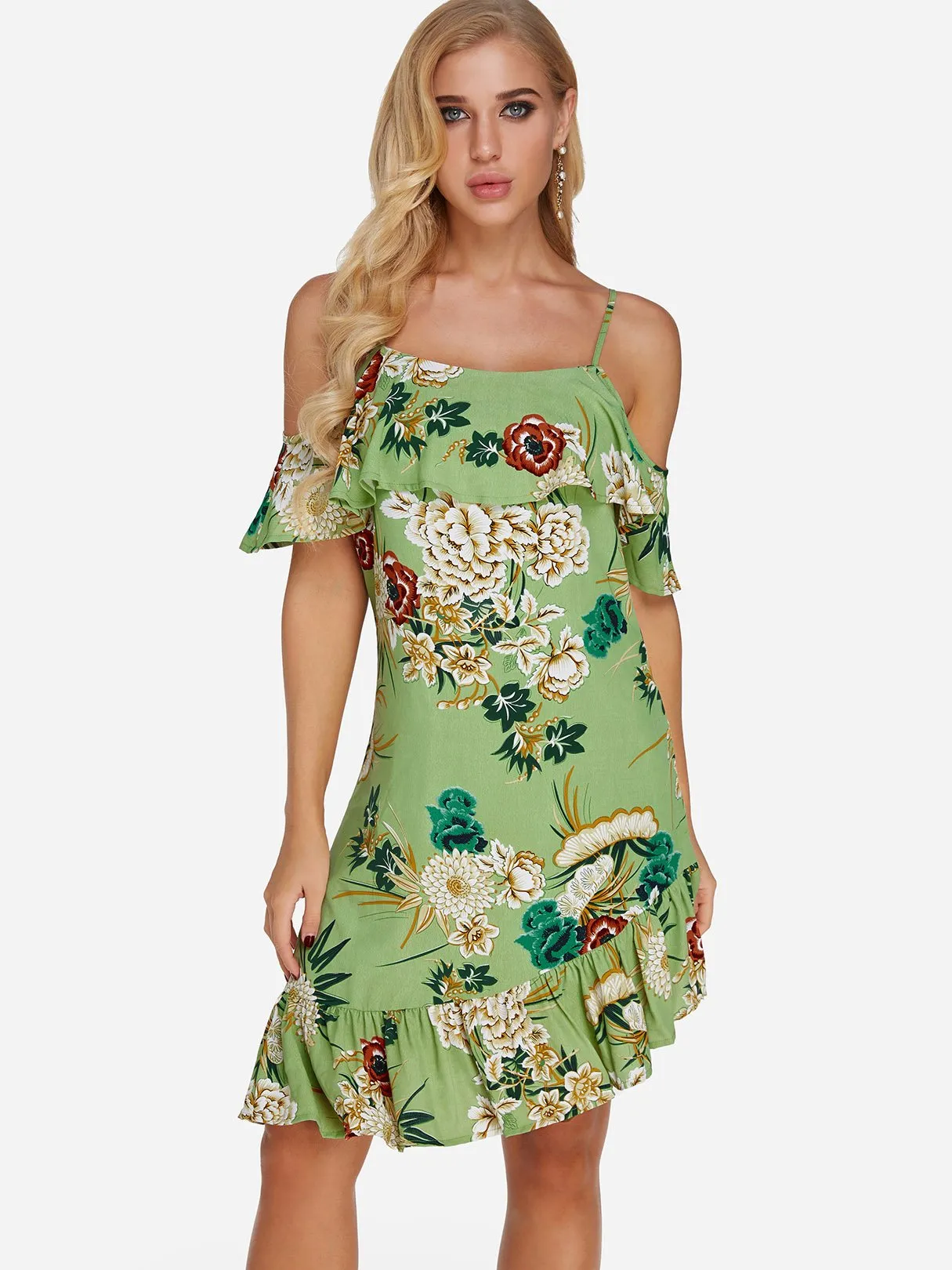 Wholesale Green Cold Shoulder Short Sleeve Floral Print Spaghetti Strap Ruffle Hem Dresses