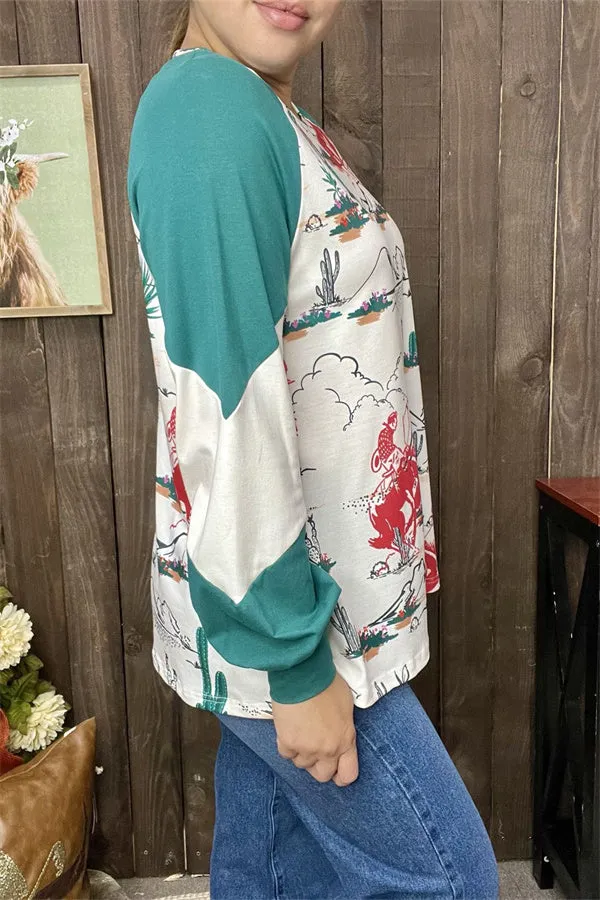XCH15183 Turquoise cactus scene landscape multi color printed raglan long sleeve women tops