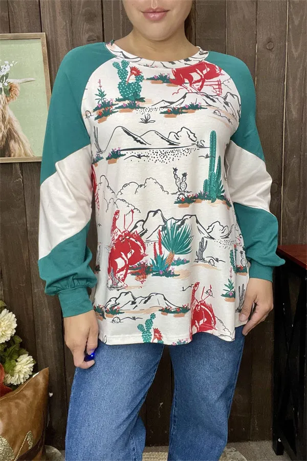 XCH15183 Turquoise cactus scene landscape multi color printed raglan long sleeve women tops